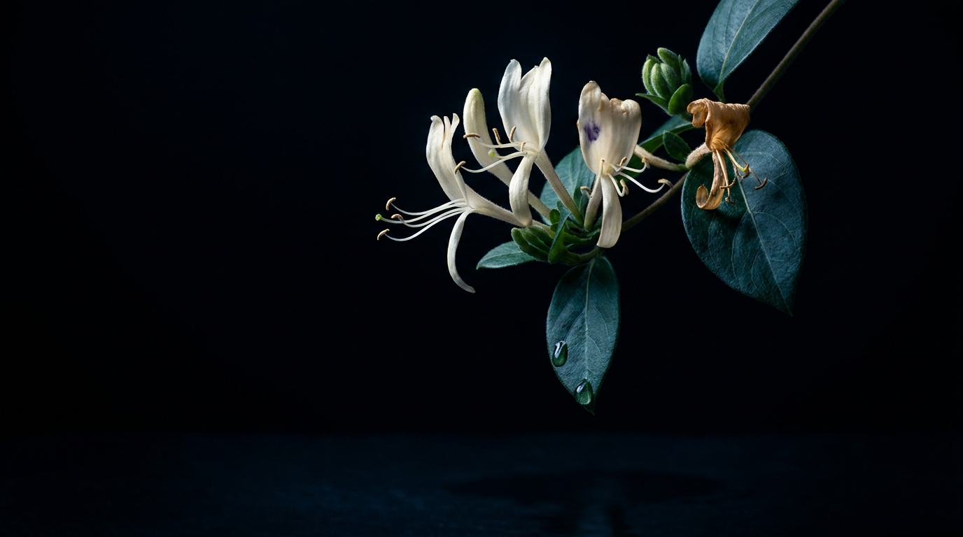 A sprig of honeysuckle lit against darkness
